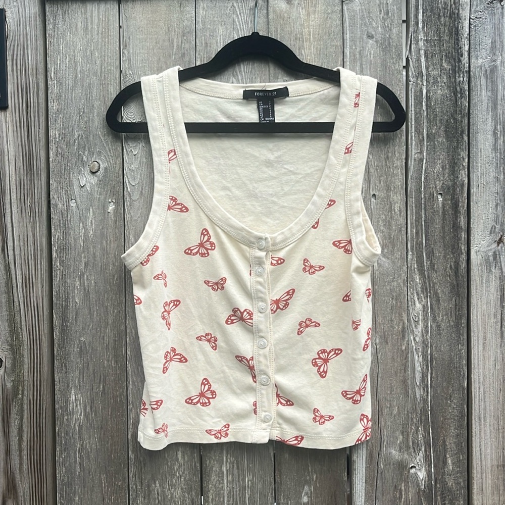 Forever 21 Beige/Rust Butterfly Print Button Front Top,Small